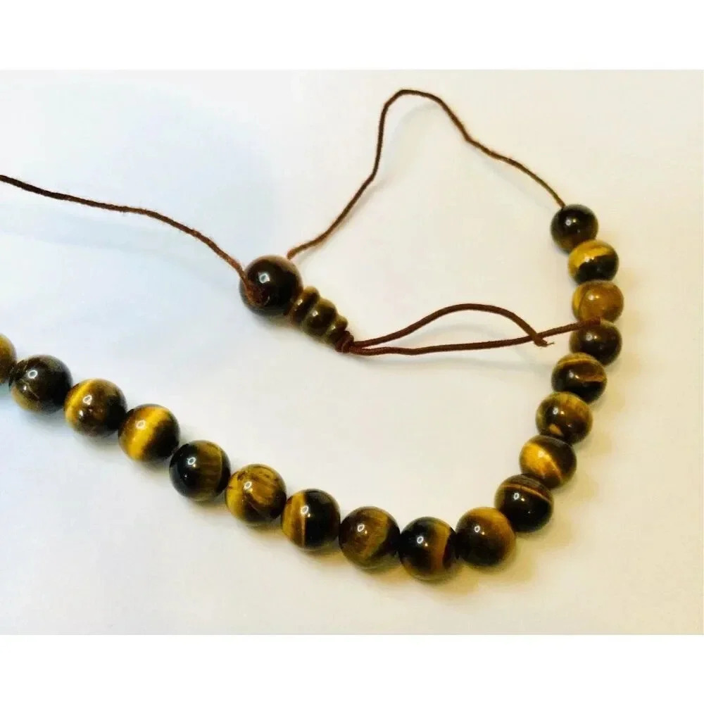 Vintage Brown Yellow Natural Tiger‎ Eye Smooth Round Gemstone Beaded Necklace